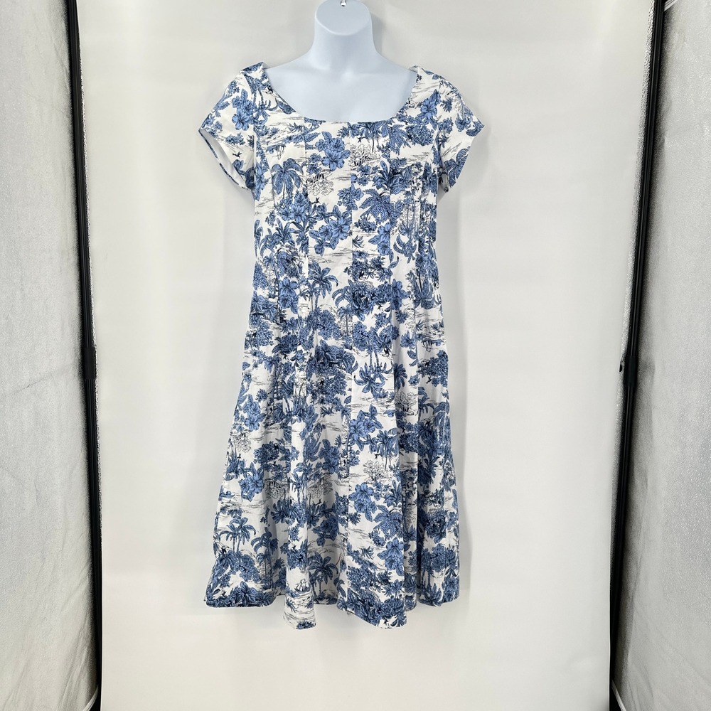 Joie Dress 12 Blue White Tropical Floral Midi Coastal Romantic Hawaiian Dog